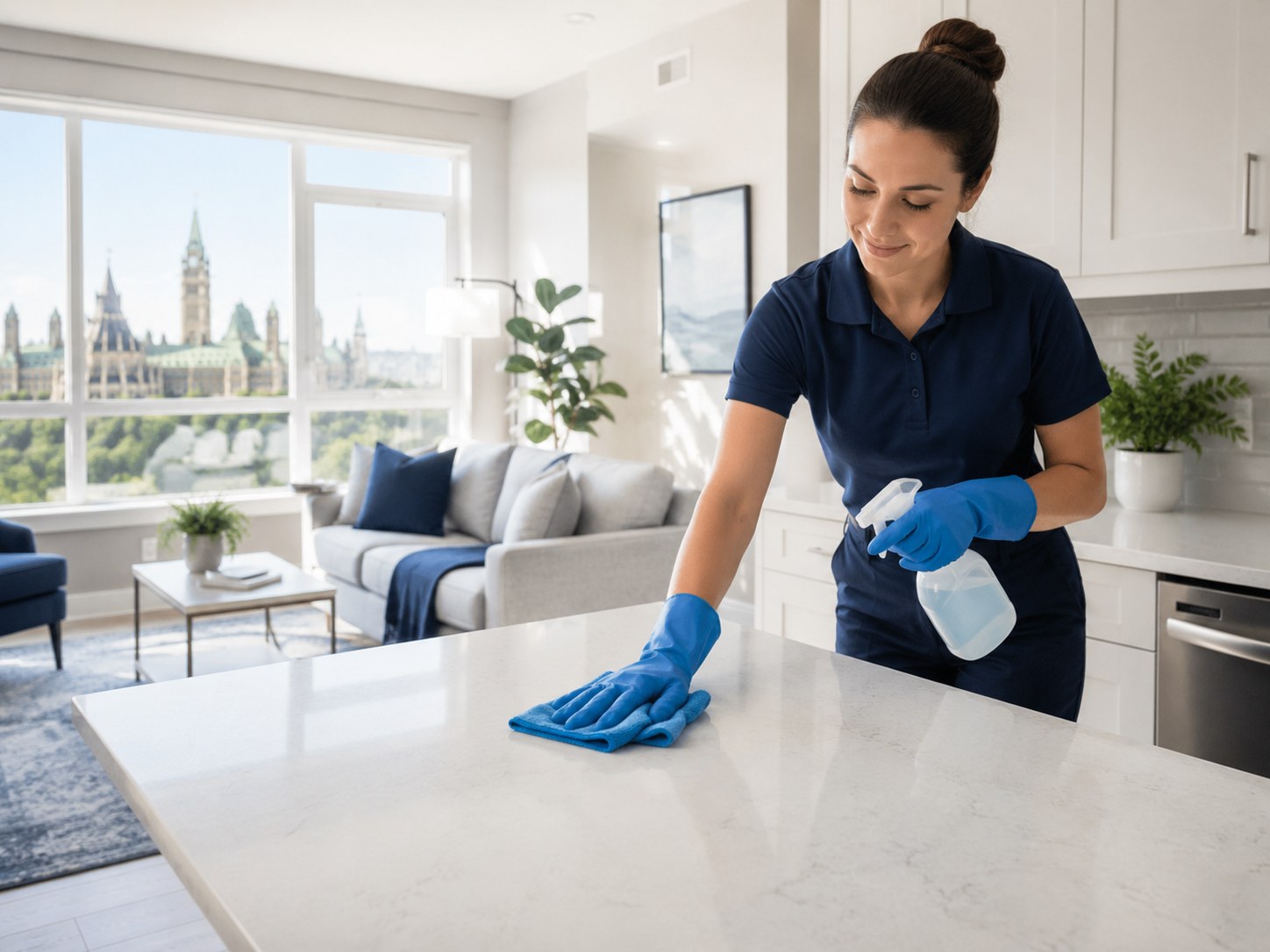 Professional cleaner wiping a bright, spotless Ottawa home interior